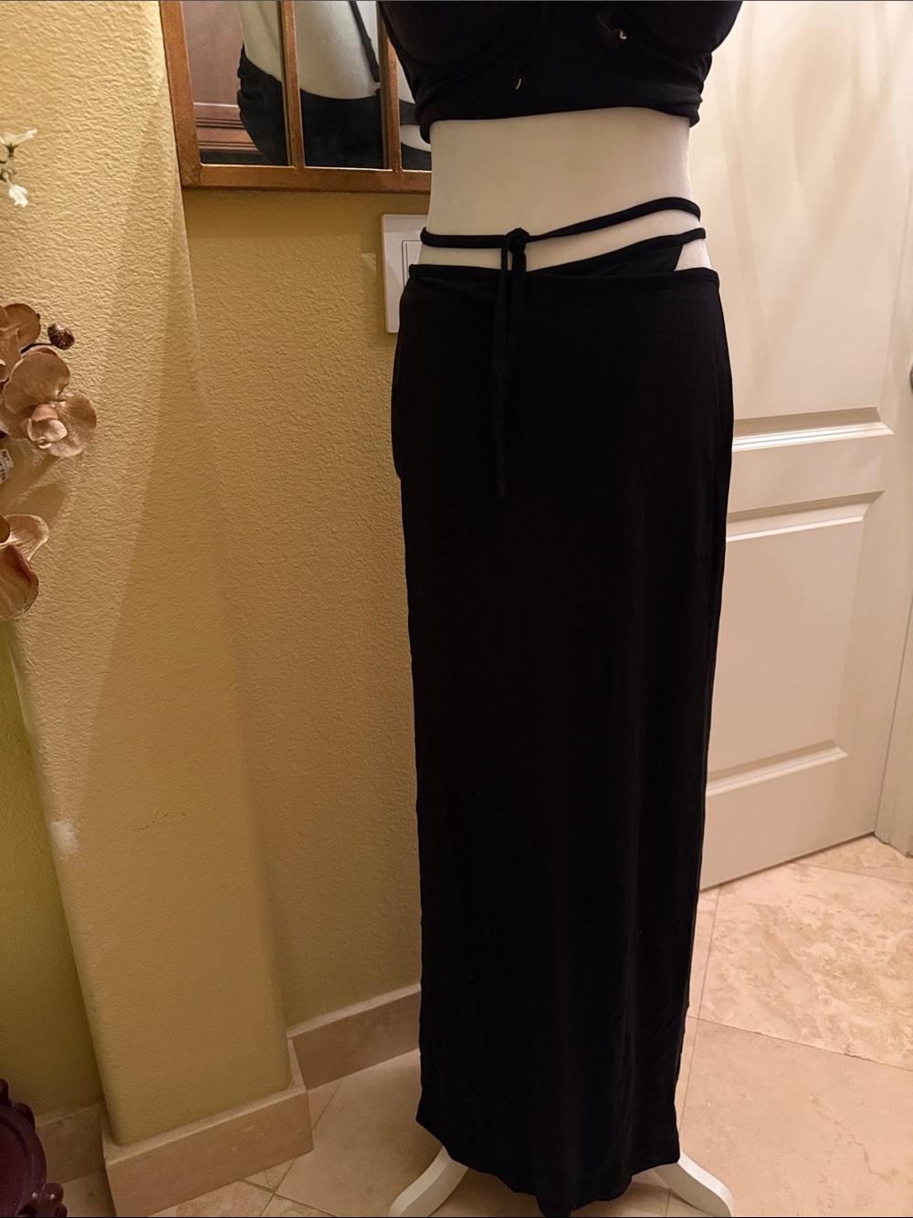Vintage Moda International Pure Silk Black Wrap-Tie Waist Maxi Skirt Y2K Rare